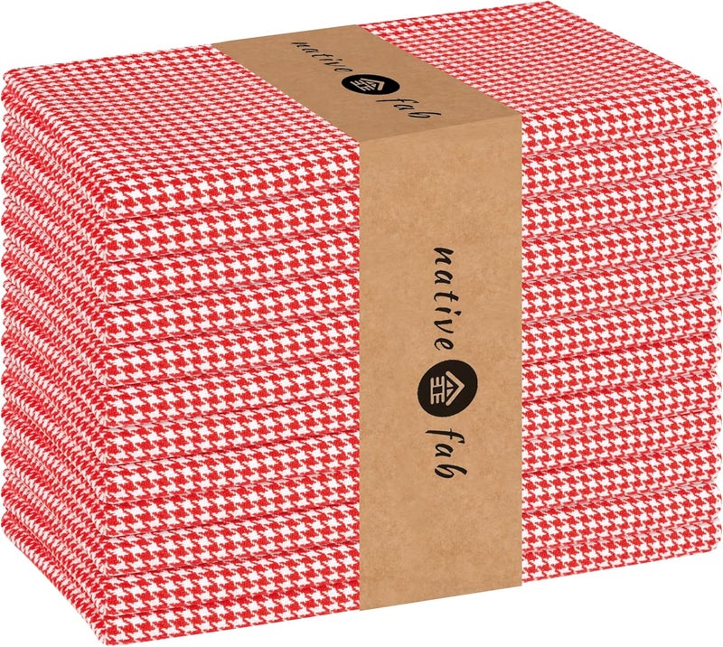 Native Fab 100 Cotton Cloth Napkins 18x18 inches Houndstooth Dinner Napkins Set of 12 Soft Breathable Absorbent Machine Washable Cloth Napkins Red - Image 1