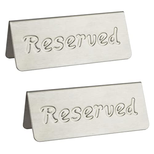 MATIMASU 2 Pack Small Reserved Table Signs for Restaurants,Dinner Parties,Banquets,Events - Stainless Steel Table Tent Place Signs - 10 Year’s Use - Etched Design - Double Sided View - 4.7 x 1.9 In - (Sliver) - Image 1