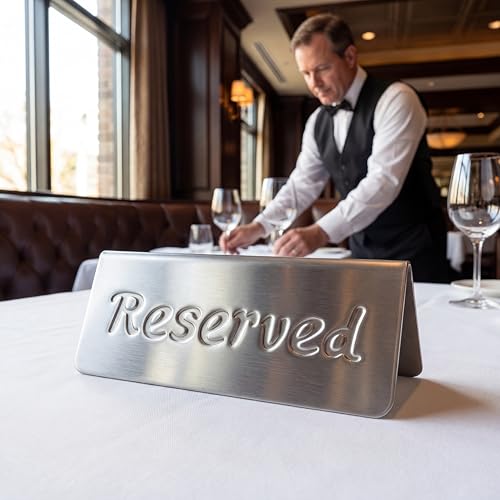 MATIMASU 2 Pack Small Reserved Table Signs for Restaurants,Dinner Parties,Banquets,Events - Stainless Steel Table Tent Place Signs - 10 Year’s Use - Etched Design - Double Sided View - 4.7 x 1.9 In - (Sliver) - Image 4