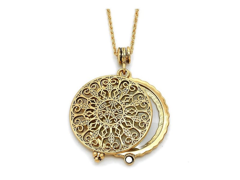 Artisan Owl Ornate Filigree 4x Magnifying Glass Sliding Top Pendant Necklace, 30" (Gold Tone) - Image 1