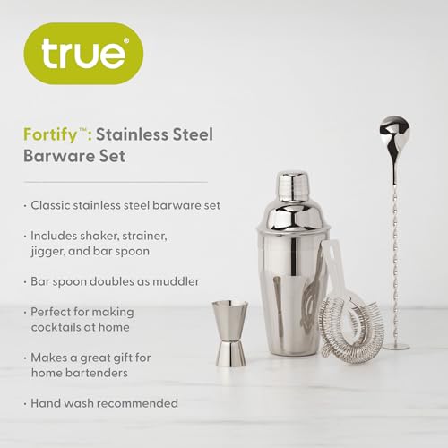 True 4-Piece Cocktail Shaker Set Includes Cobbler Shaker, Strainer, Jigger, Bar Spoon for Classic Cocktails, Mixed Drinks, Cold Brew, Home Bar Tools, Bartender Gifts, Bar Cart Accessories, Silver - Image 2
