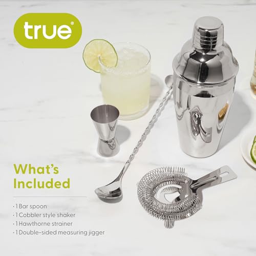 True 4-Piece Cocktail Shaker Set Includes Cobbler Shaker, Strainer, Jigger, Bar Spoon for Classic Cocktails, Mixed Drinks, Cold Brew, Home Bar Tools, Bartender Gifts, Bar Cart Accessories, Silver - Image 3