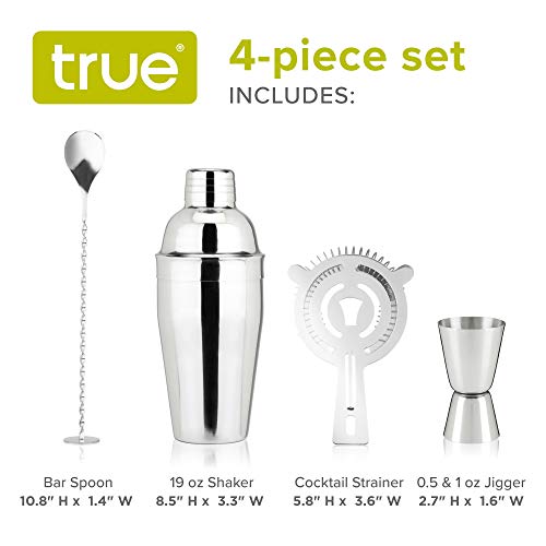True 4-Piece Cocktail Shaker Set Includes Cobbler Shaker, Strainer, Jigger, Bar Spoon for Classic Cocktails, Mixed Drinks, Cold Brew, Home Bar Tools, Bartender Gifts, Bar Cart Accessories, Silver - Image 4