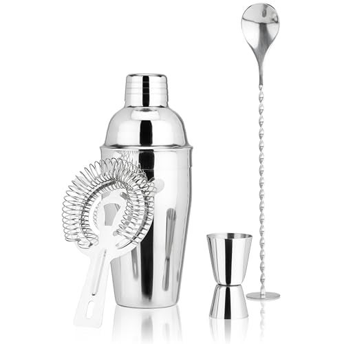 True 4-Piece Cocktail Shaker Set Includes Cobbler Shaker, Strainer, Jigger, Bar Spoon for Classic Cocktails, Mixed Drinks, Cold Brew, Home Bar Tools, Bartender Gifts, Bar Cart Accessories, Silver - Image 1