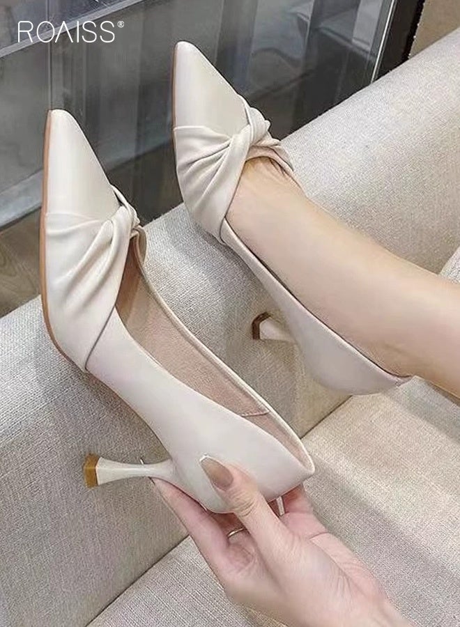 رويس حذاء نسائي بيج بكعب عالٍ، مصنوع من الجلد الناعم، ذو مقدمة مدببة، ارتفاعه 7 سم، يوفر الراحة والتهوية ومقاومة للانزلاق، مثالي للارتداء اليومي، والعمل، والمناسبات الخاصة. - Image 1