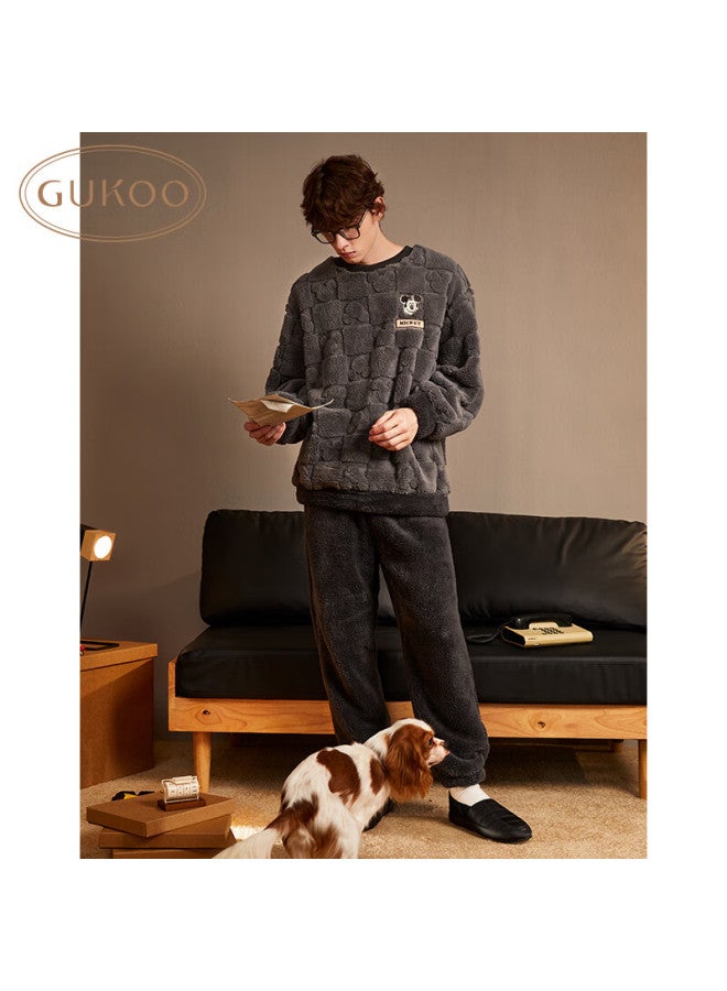 Gukoo Couples Pajamas Autumn Winter Disney Mickey Soft Cotton Fleece Simple Men's Homewear Set Gray Men's Size M - Image 1