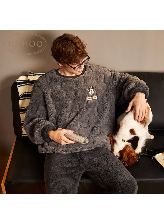 Gukoo Couples Pajamas Autumn Winter Disney Mickey Soft Cotton Fleece Simple Men's Homewear Set Gray Men's Size M - Image 4