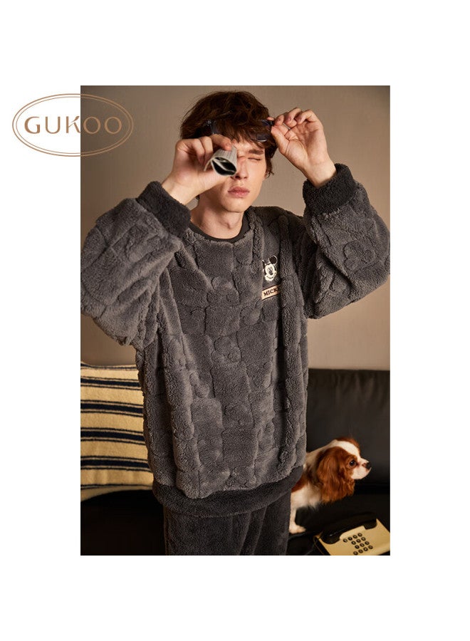 Gukoo Couples Pajamas Autumn Winter Disney Mickey Soft Cotton Fleece Simple Men's Homewear Set Gray Men's Size M - Image 2