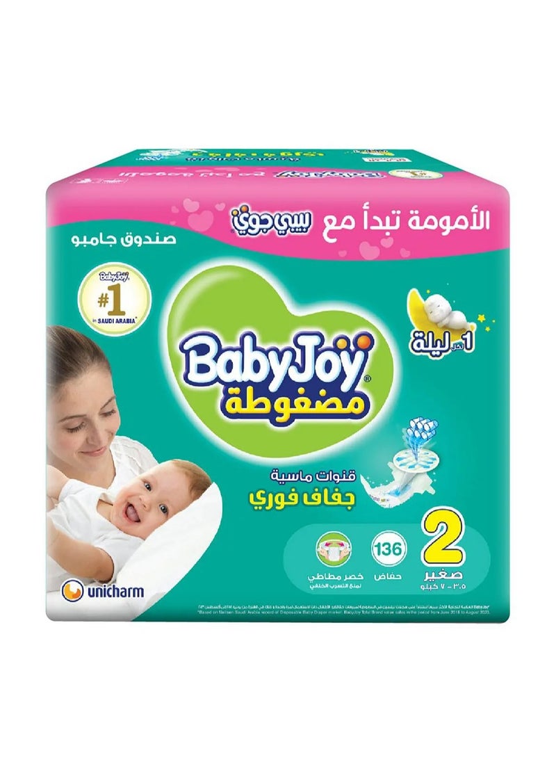 Baby Joy BabyJoy Compressed Diamond Pad Tape Style Diapers, 136 Pieces Jumbo Box, Size 2 Small, 3.5-7kg - 12Hrs Leakage Protection, Cottony Soft, Waist Stretch, Breathable 