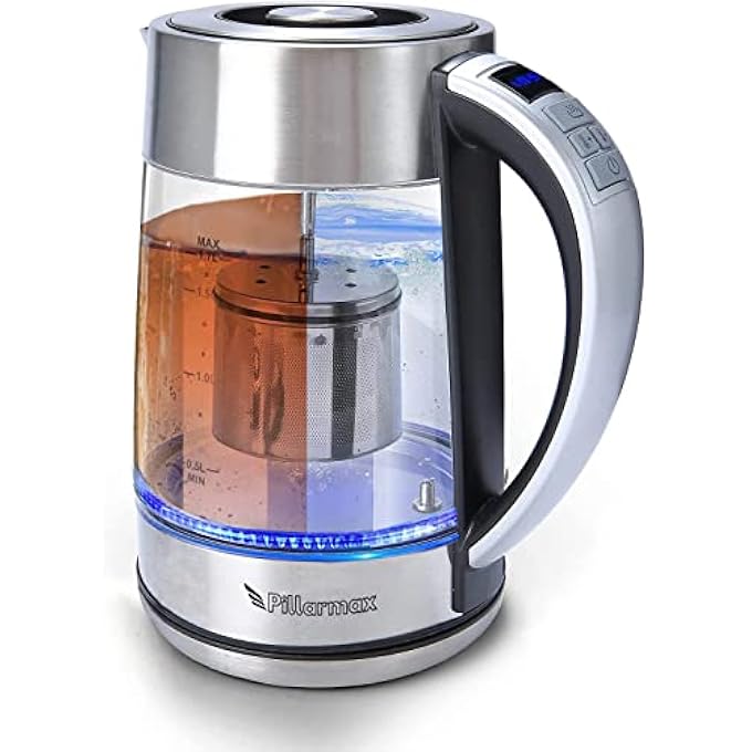 Pillarmax Electric Glass Kettle Temperature Controls With Removable Infuser 17 Liters 2200 W Tea Maker Brewing Programs Stainless Steel Glass Boiler BpaFree - Image 1