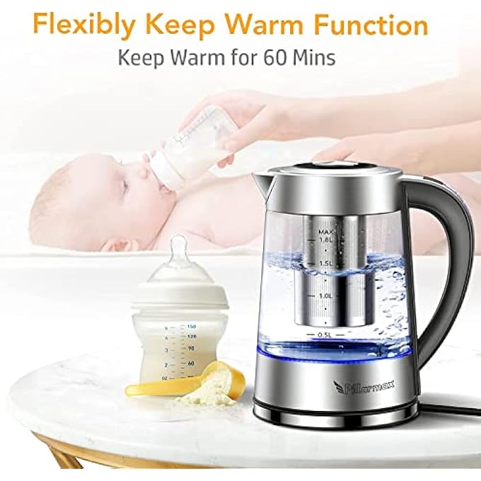 Pillarmax Electric Glass Kettle Temperature Controls With Removable Infuser 17 Liters 2200 W Tea Maker Brewing Programs Stainless Steel Glass Boiler BpaFree - Image 3