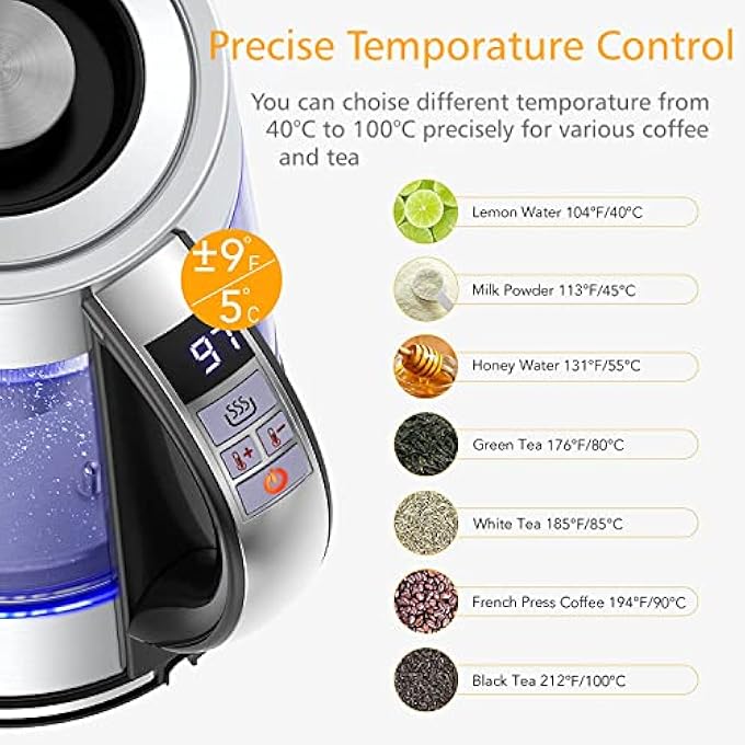 Pillarmax Electric Glass Kettle Temperature Controls With Removable Infuser 17 Liters 2200 W Tea Maker Brewing Programs Stainless Steel Glass Boiler BpaFree - Image 2