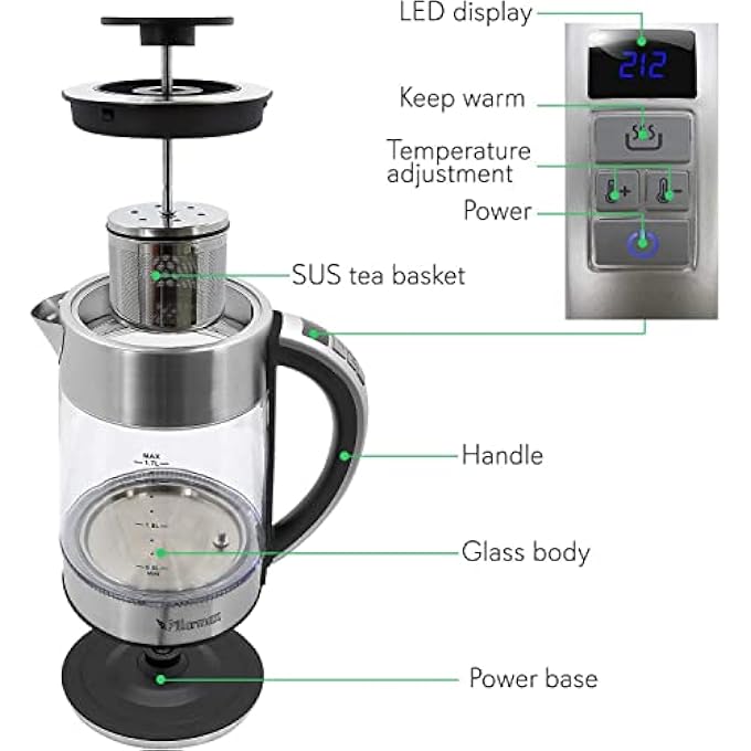Pillarmax Electric Glass Kettle Temperature Controls With Removable Infuser 17 Liters 2200 W Tea Maker Brewing Programs Stainless Steel Glass Boiler BpaFree - Image 4