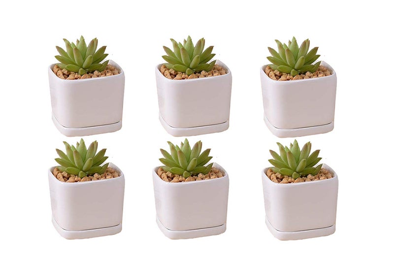 SeaStar Ceramic Succulent Mini Planter PotMini 6 Set 2x165x2inch Square Modern Minimalist WhiteWindow Box with Saucer for OfficeDeskHouse Balcony Landscape