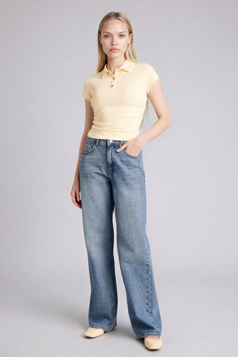 DeFacto Yellow Woman Slim Fit Ribbed Knitted Polo Casual - Image 2