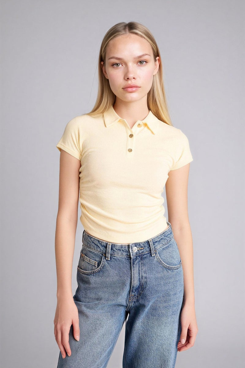 DeFacto Yellow Woman Slim Fit Ribbed Knitted Polo Casual - Image 3