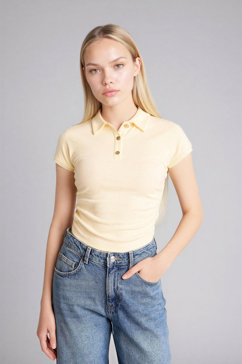 DeFacto Yellow Woman Slim Fit Ribbed Knitted Polo Casual - Image 1