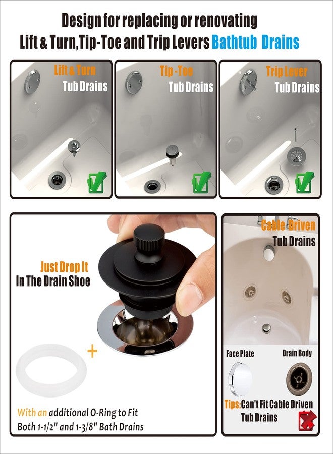 Artiwell Universal Lift and Turn Bath Drain Stopper and Cover, Bathtub Drain Stopper, Replaces lift and turn, Tip-Toe and Trip Lever drains for Tub, EZ Installation and Clearing (MATT BLACK) - Image 2