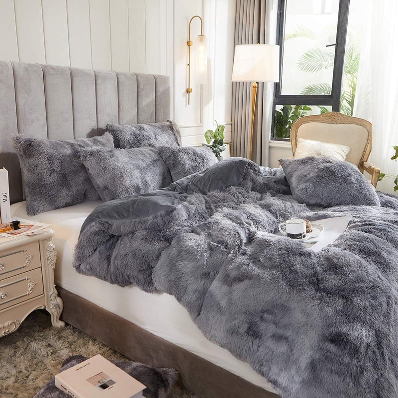 Uhamho Tie Dye Printed Faux Fur Bedding Set Modern Abstract Shaggy Plush Duvet Cover with Pillow Shams, Ultra Soft Warm (Queen, Tie Dye Gray) - Image 3