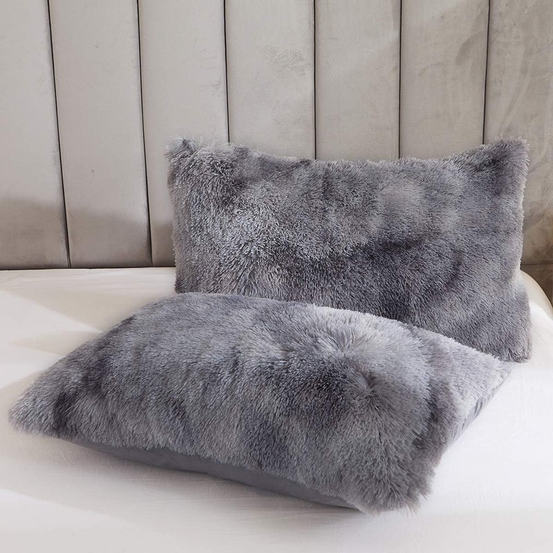 Uhamho Tie Dye Printed Faux Fur Bedding Set Modern Abstract Shaggy Plush Duvet Cover with Pillow Shams, Ultra Soft Warm (Queen, Tie Dye Gray) - Image 4