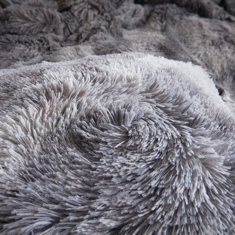Uhamho Tie Dye Printed Faux Fur Bedding Set Modern Abstract Shaggy Plush Duvet Cover with Pillow Shams, Ultra Soft Warm (Queen, Tie Dye Gray) - Image 5
