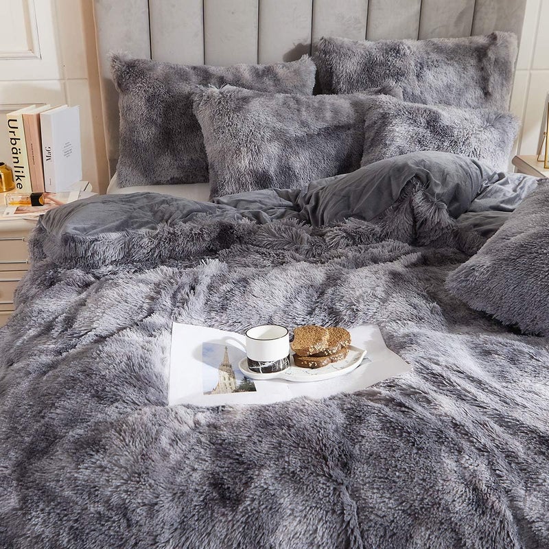 Uhamho Tie Dye Printed Faux Fur Bedding Set Modern Abstract Shaggy Plush Duvet Cover with Pillow Shams, Ultra Soft Warm (Queen, Tie Dye Gray) - Image 2