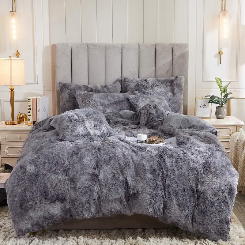 Uhamho Tie Dye Printed Faux Fur Bedding Set Modern Abstract Shaggy Plush Duvet Cover with Pillow Shams, Ultra Soft Warm (Queen, Tie Dye Gray) - Image 1