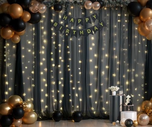 Suppromo 10ft x 10ft Black Tulle Photo Backdrop Curtain with Lights String for Parties Sheer Black Curtain Backdrop for Birthday Party Baby Shower Wedding Photo Booth Photography Background Decorations - Image 3