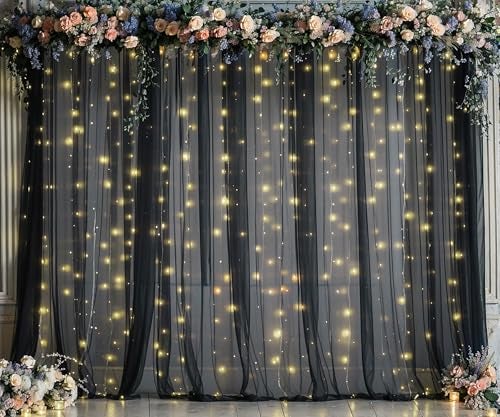 Suppromo 10ft x 10ft Black Tulle Photo Backdrop Curtain with Lights String for Parties Sheer Black Curtain Backdrop for Birthday Party Baby Shower Wedding Photo Booth Photography Background Decorations - Image 1