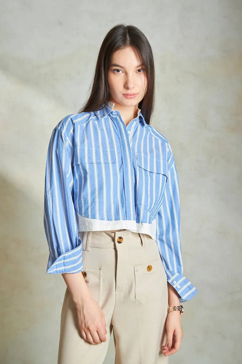 فيرجيو Cotton Striped Daywear Cropped Shirts for Women