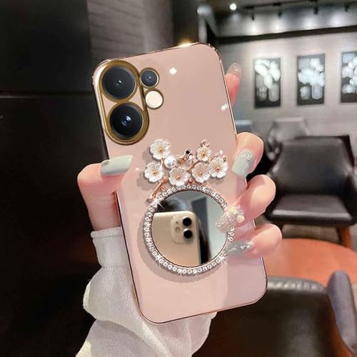 KC Back Cover for Vivo V60 5G - Round Flower Mirror Electroplated Soft Silicone Camera Protection Case - Pink - Image 1