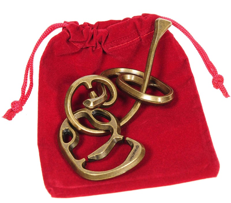 Hanayama Enigma Hanayama Cast Metal Brain Teaser Puzzle Level 6 Difficulty Rating Red Velveteen Drawstring Pouch Bundled Items - Image 3