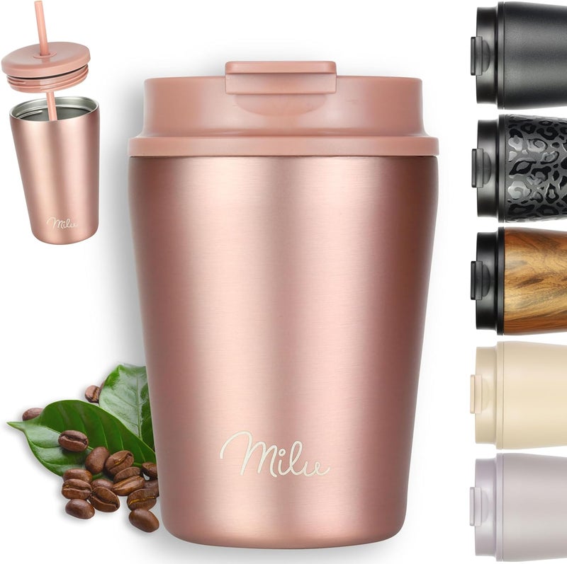 Milu Thermal Mug 300 ml - 100% Leak-Proof - Stainless Steel Coffee Mug to Go Insulated with Straw Keeps 10 Hours Hot / 20 Hours Cold, BPA-Free (Rose Gold, 300 ml) - Image 1