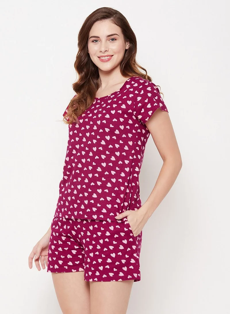 Clovia  Clovia Heart Print Top And Shorts Set In Maroon - 100% Cotton  | Best Price UAE