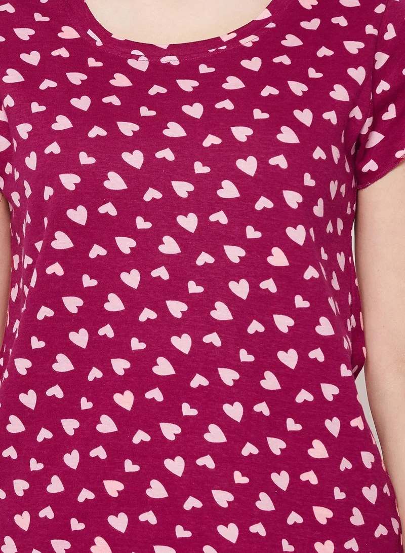 Clovia  Clovia Heart Print Top And Shorts Set In Maroon - 100% Cotton  | Best Price UAE