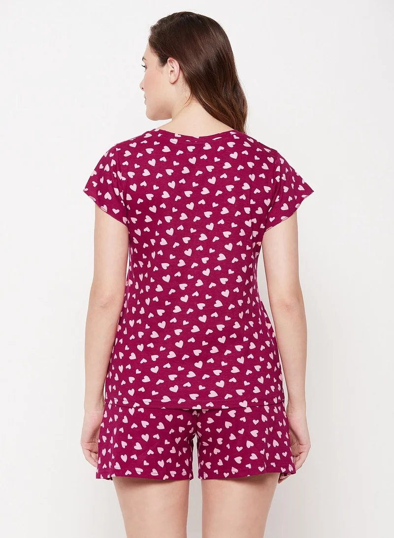 Clovia  Clovia Heart Print Top And Shorts Set In Maroon - 100% Cotton  | Best Price UAE