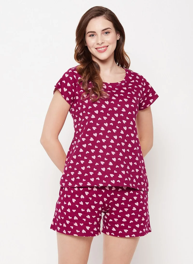كلوفيا Clovia Heart Print Top And Shorts Set In Maroon - 100% Cotton