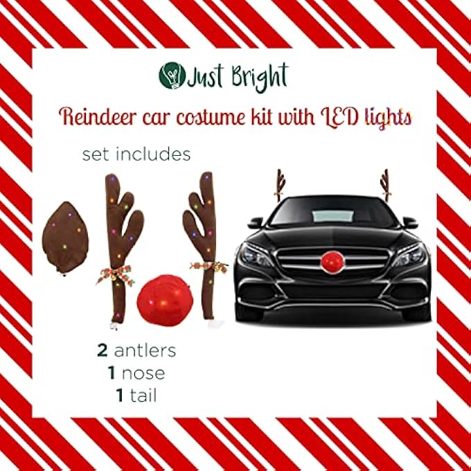 ريحني مجموعة سيارة الرنة مع أضواء LED سهلة التركيب وزينة عيد الميلاد لشبكة نافذة السيارة تتضمن قرون الرنة مع أجراس رنانة وذيل أنف أحمر مخملي لتزيين أي مركبة - Image 4