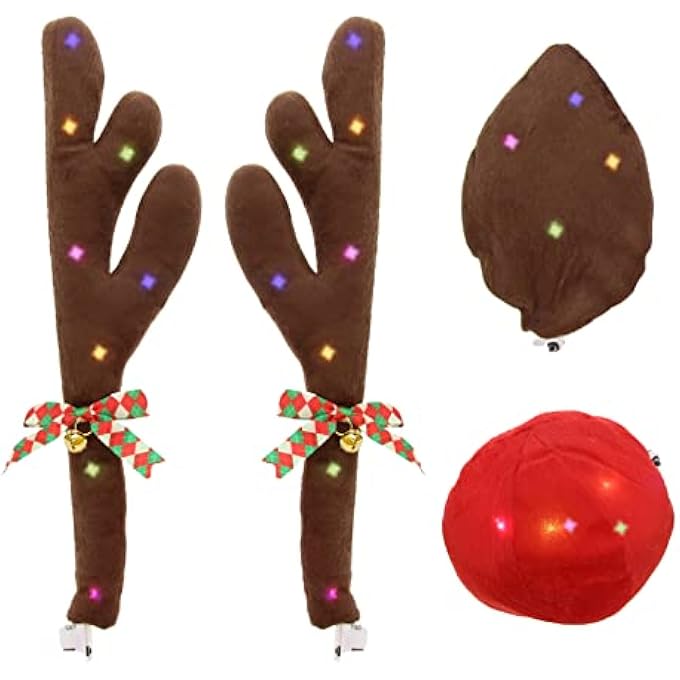 ريحني مجموعة سيارة الرنة مع أضواء LED سهلة التركيب وزينة عيد الميلاد لشبكة نافذة السيارة تتضمن قرون الرنة مع أجراس رنانة وذيل أنف أحمر مخملي لتزيين أي مركبة - Image 2