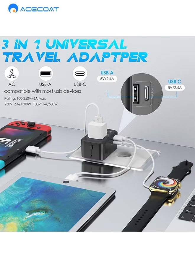 ACECOAT Universal Travel Adapter with (Type C+USB) 2 USB Ports & AC Outlet, International Plug Adapter Converter, Type C/A/G/I All in One Wall Charger Worldwide Travel Adaptor for US to EU UK AUS Asia - Image 2