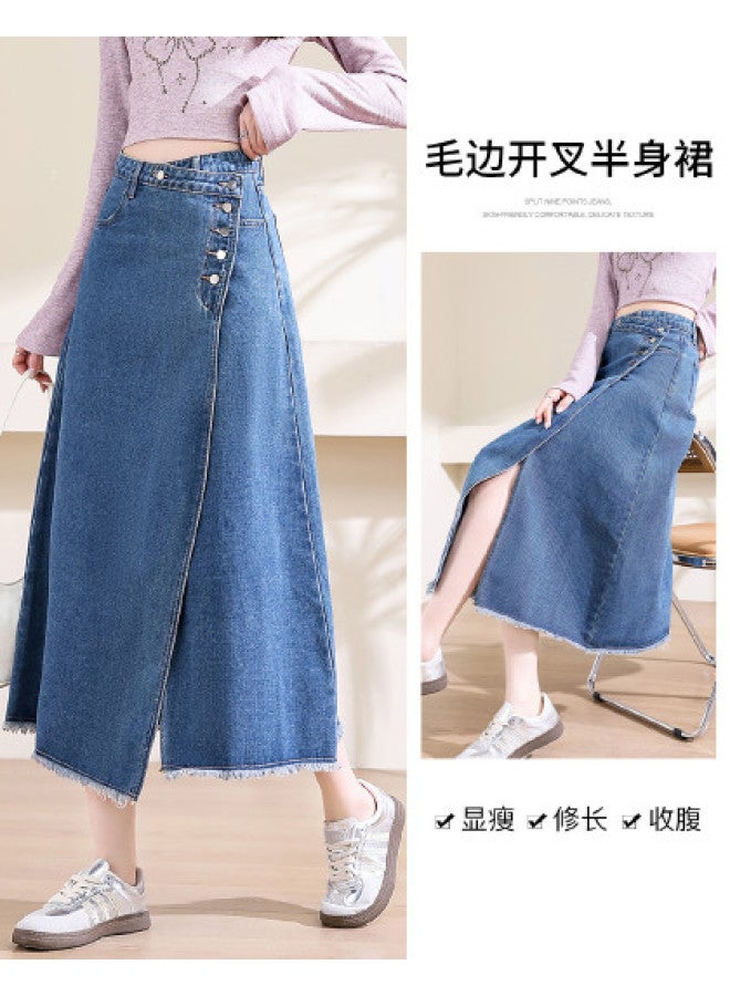 Jeanswest Fashionable And Design-Frayed Hem Asymmetrical Denim Skirt For Women, High-Waisted A-Line Slimming Versatile Casual Denim Skirt - Image 1