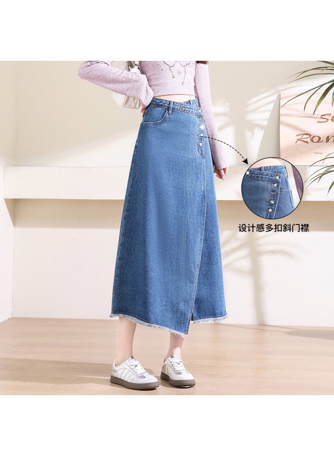 Jeanswest Fashionable And Design-Frayed Hem Asymmetrical Denim Skirt For Women, High-Waisted A-Line Slimming Versatile Casual Denim Skirt - Image 3