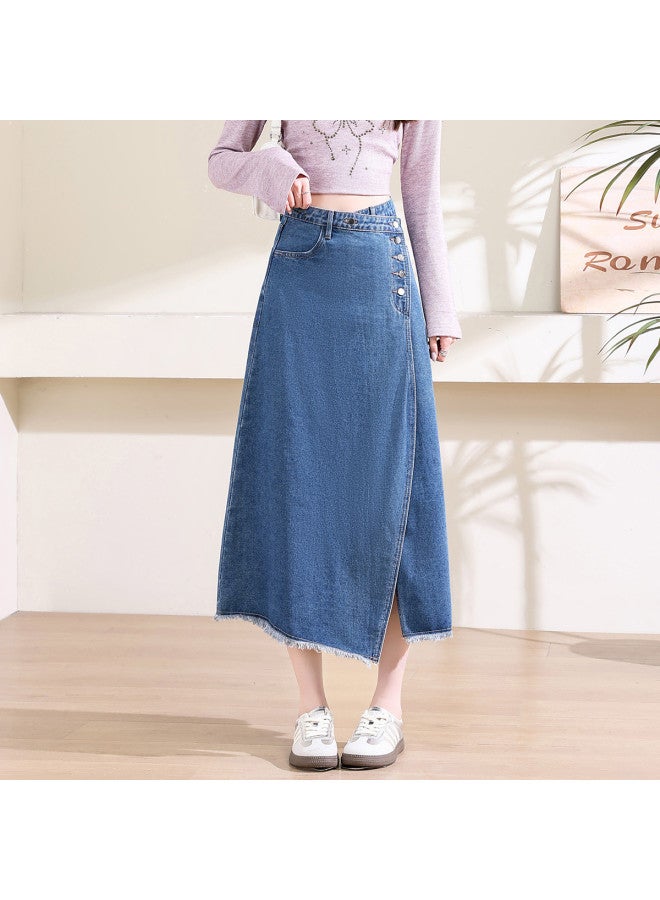 Jeanswest Fashionable And Design-Frayed Hem Asymmetrical Denim Skirt For Women, High-Waisted A-Line Slimming Versatile Casual Denim Skirt - Image 4