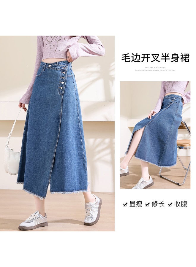 Jeanswest Fashionable And Design-Frayed Hem Asymmetrical Denim Skirt For Women, High-Waisted A-Line Slimming Versatile Casual Denim Skirt - Image 2