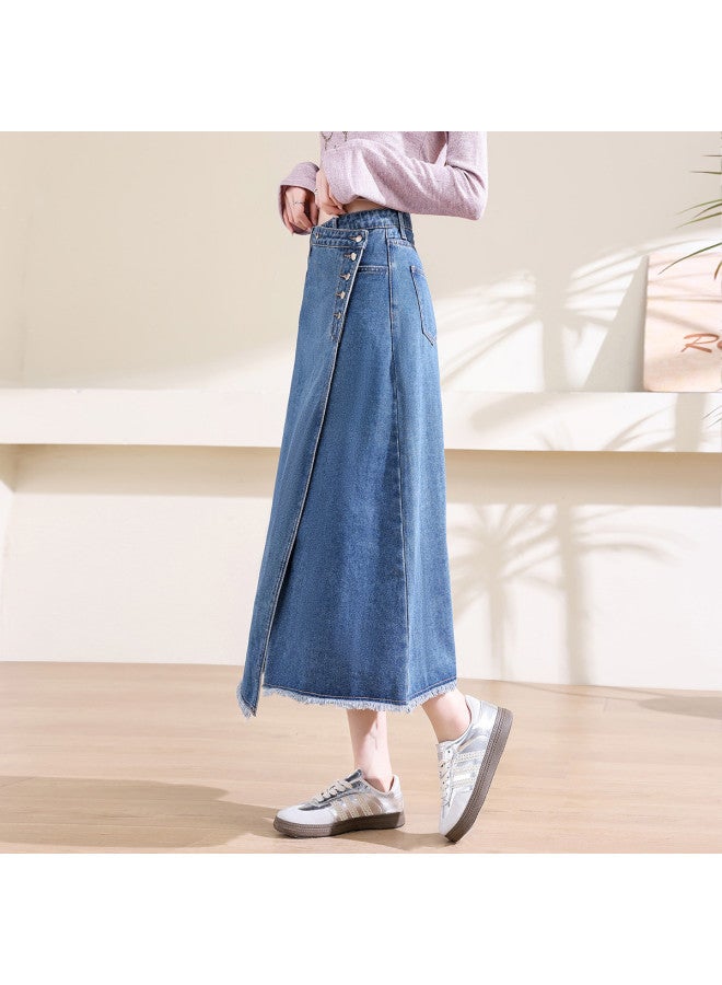 Jeanswest Fashionable And Design-Frayed Hem Asymmetrical Denim Skirt For Women, High-Waisted A-Line Slimming Versatile Casual Denim Skirt - Image 5