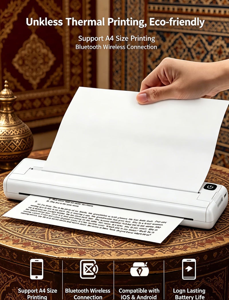 Verdant Reverie X8 Portable Thermal Printer, Supports A4 Thermal Paper, 200DPI Inkless Mobile Travel Printers for Car School Office, Mini Bluetooth Printer for Android for iOS Phone - Image 1