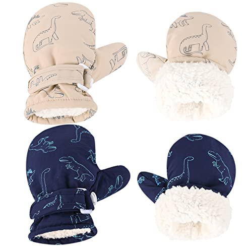Weradau Fleece Lined Mittens for Baby Boys Girls,Baby Toddler Little Kids Winter Gloves Mittens - 2 Pair Pack (6-24 months, 2pairs - khaki & Dark blue) - Image 1