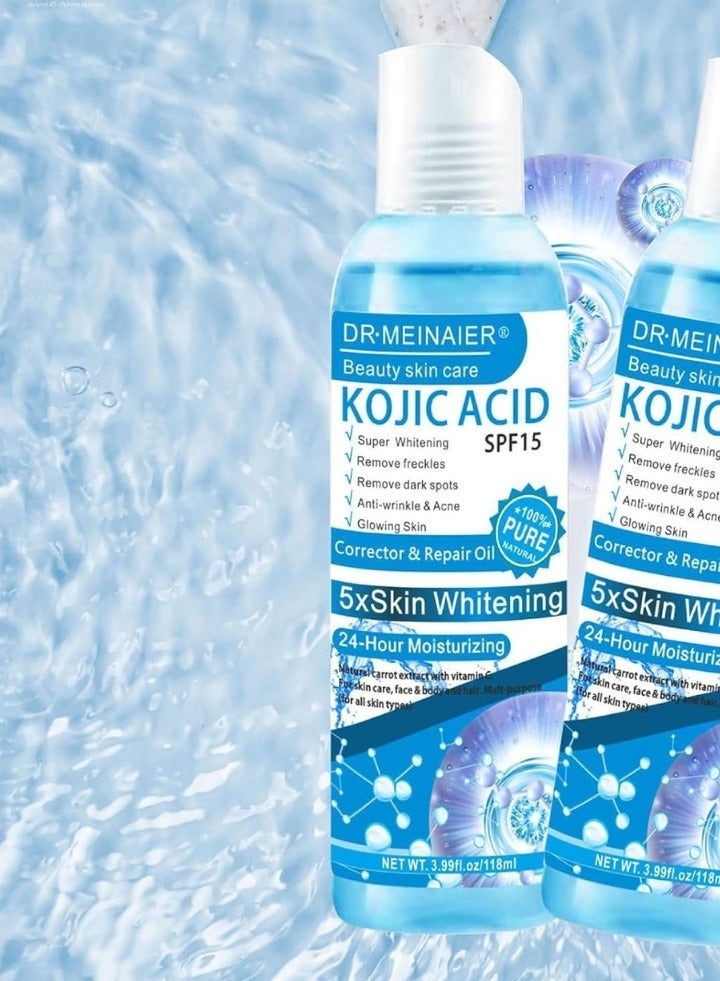 DR.MEINAIER 118مل عناية بالبشرة زيت تصحيح وإصلاح حمض الكوجيك SPF15 لتفتيح البشرة وترطيب الوجه والجسم، زيت إصلاح البشرة وترطيب الجسم، زيت متعدد الاستخدامات يحتوي على زيوت نباتية أساسية لمكافحة التجاعيد وإزالة البقع الداكنة وتعزيز الإشراقة - Image 3