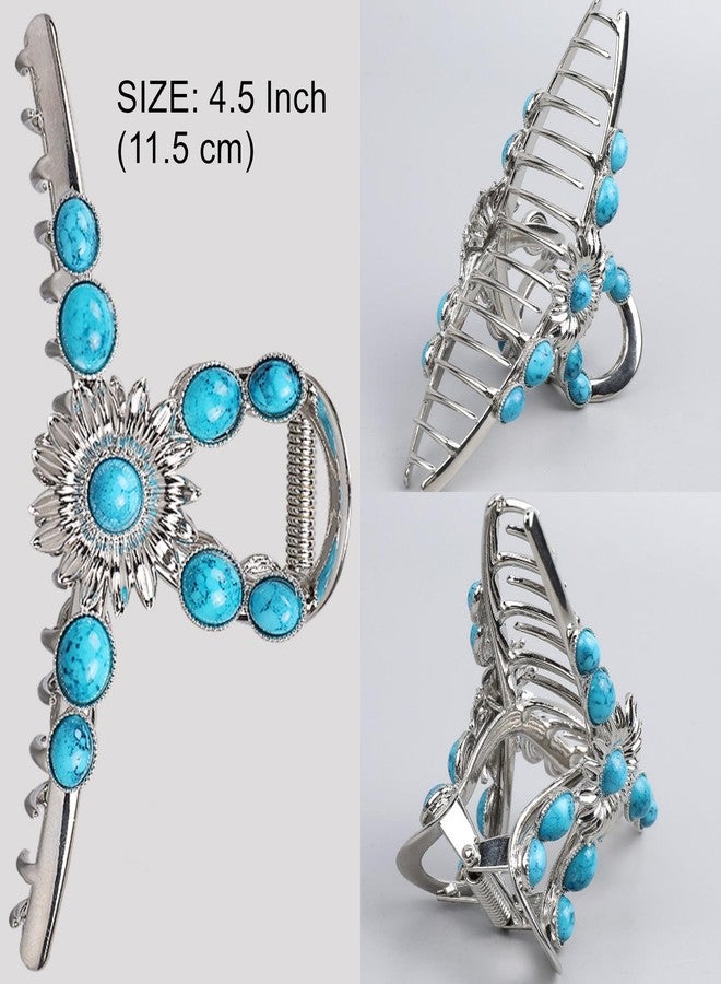 Sinide Turquoise Blue Stone Hair Clips, Large Metal Retro Sun Flower Style Claw Clip for Women Strong Hold Big Non-Slip Hair Catch Barrette Jaw Clamp for Long Thick Hair, Fashion Styling Accessories (2 Pack) - Image 2