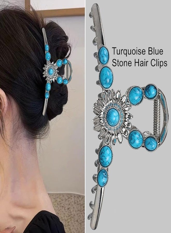 Sinide Turquoise Blue Stone Hair Clips, Large Metal Retro Sun Flower Style Claw Clip for Women Strong Hold Big Non-Slip Hair Catch Barrette Jaw Clamp for Long Thick Hair, Fashion Styling Accessories (2 Pack) - Image 4